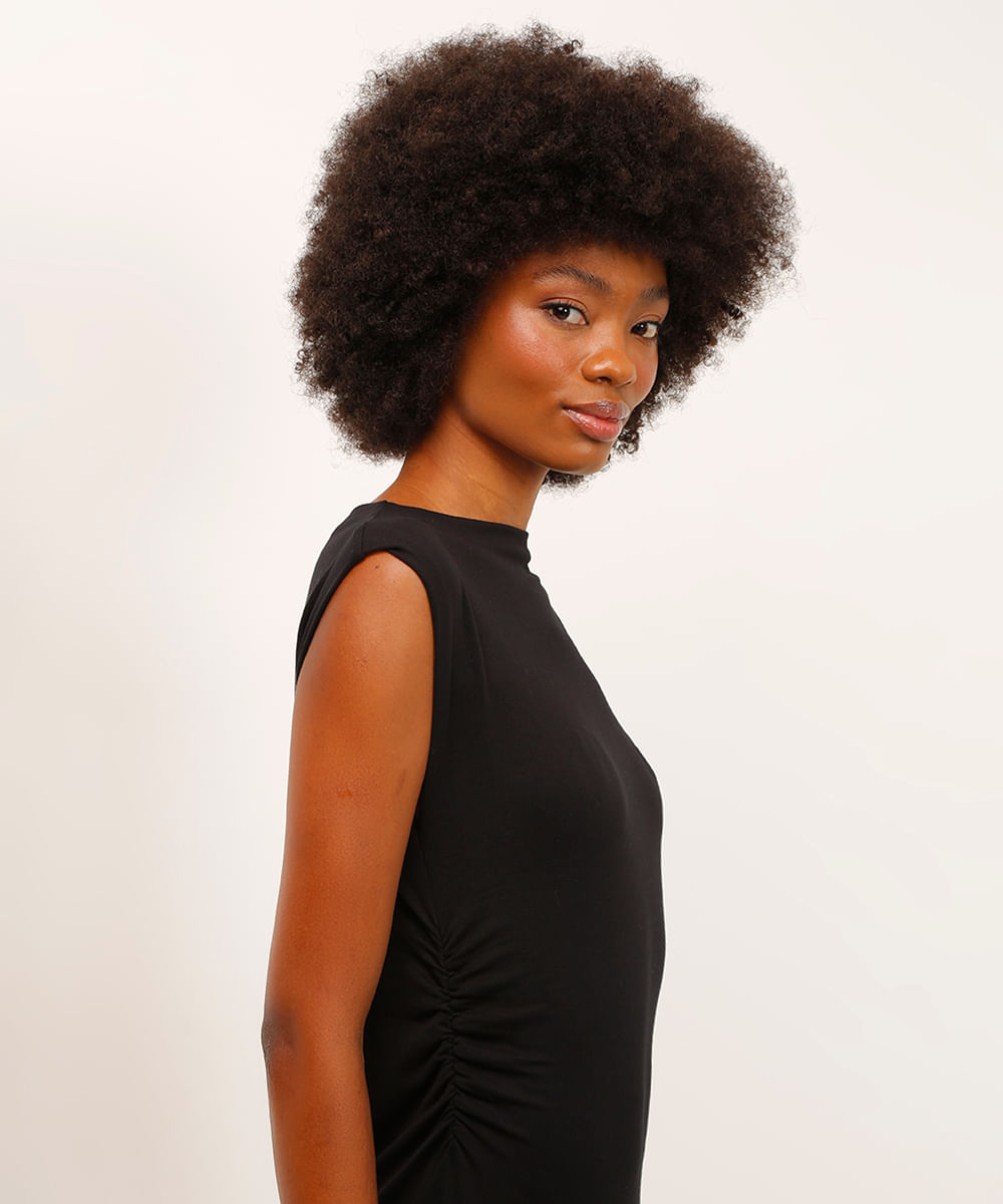 vestido midi de viscose com franzido preto