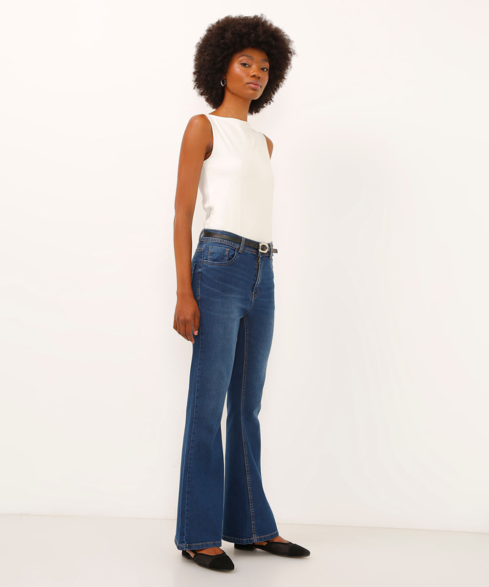 calça flare petit jeans cintura média azul