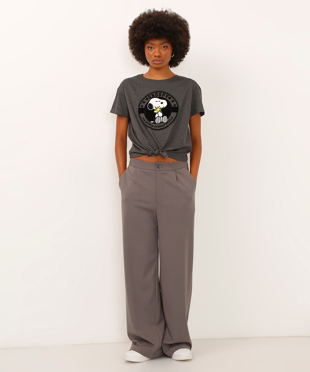 camiseta de algodão com amarração snoopy cinza