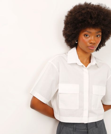 camisa cropped de algodão com bolsos off white