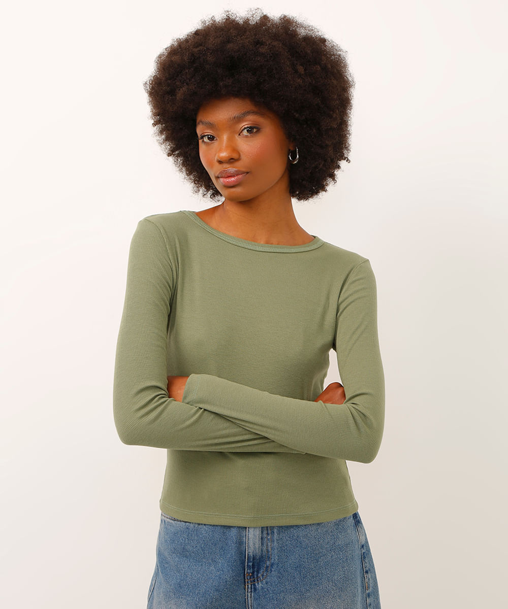 blusa básica decote careca manga longa verde