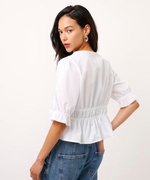 blusa bata manga bufante com laços off white