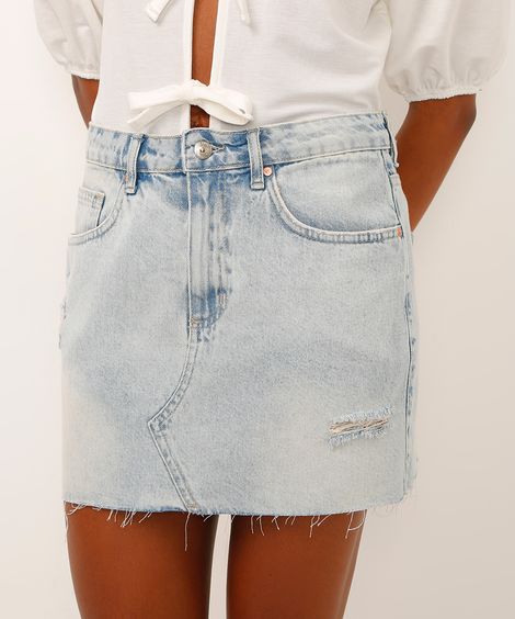 minissaia jeans com rasgos cintura alta azul