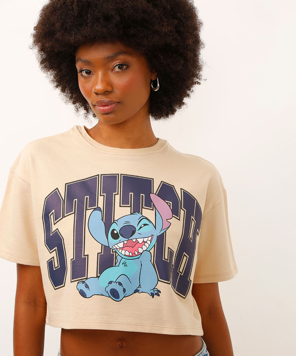 camiseta cropped de algodão stitch bege