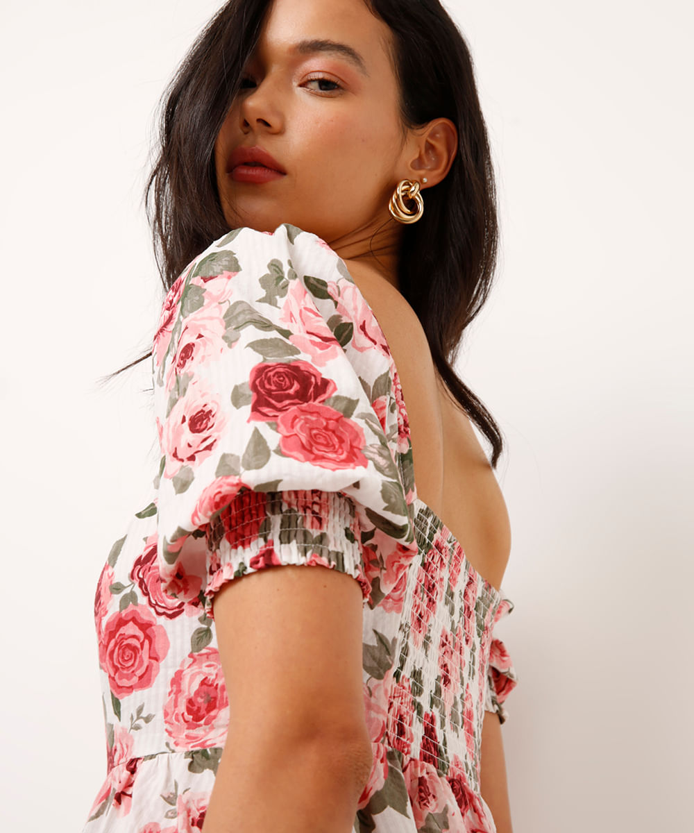vestido midi de algodão floral manga bufante off white