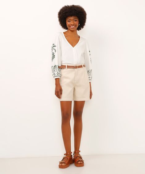 bermuda alfaiatada de sarja cintura super alta com cinto bege