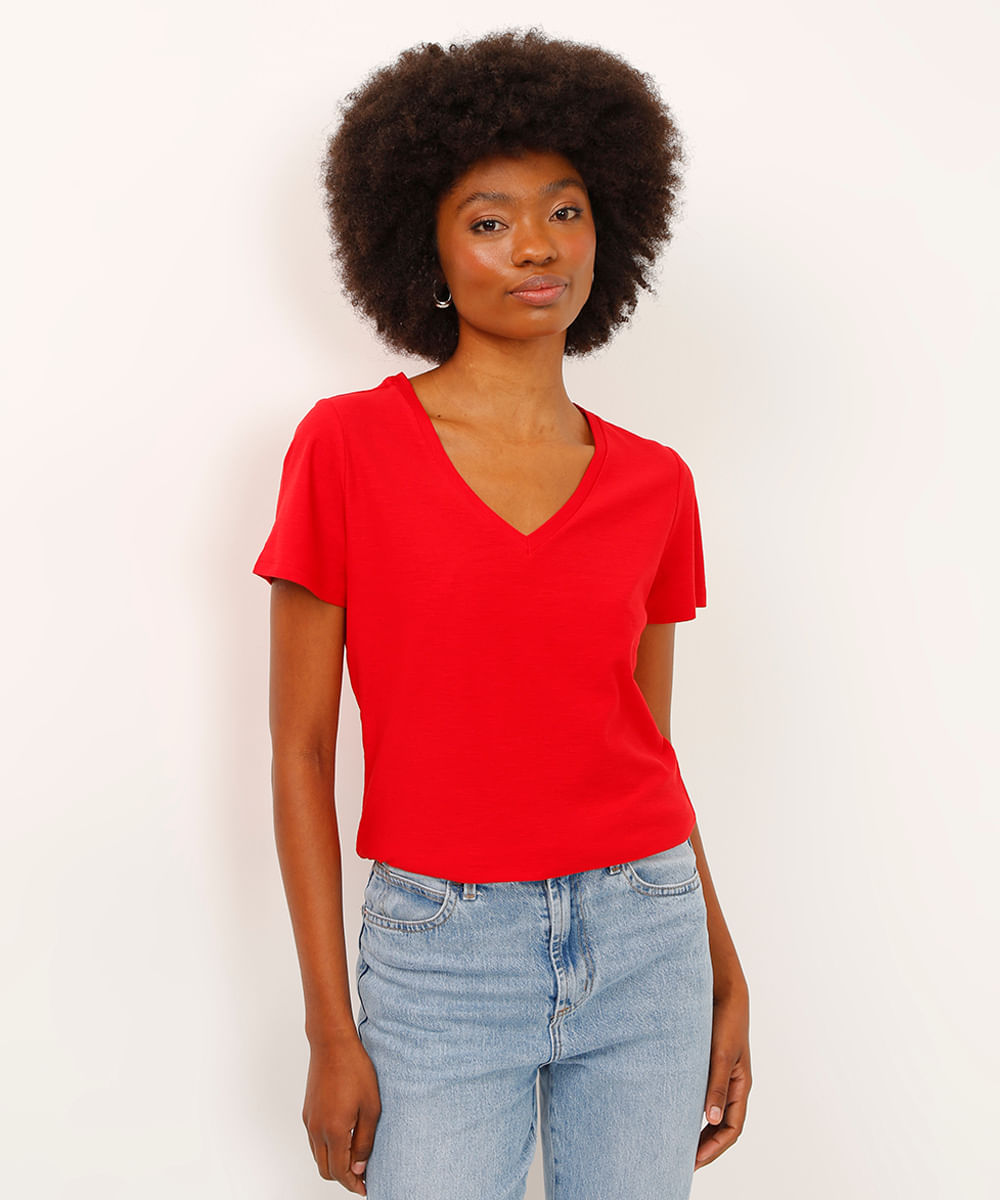 camiseta de algodão peruano decote v vermelha