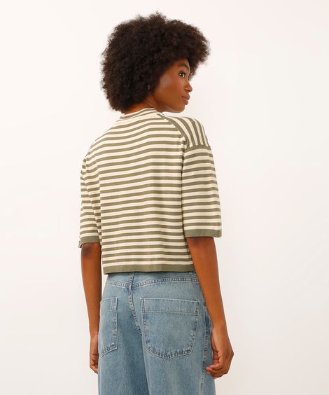 blusa de tricot gola alta cropped listrada verde
