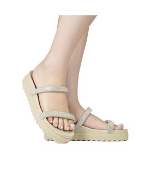 Papete Feminina Com Strass Flatform Sandália Rasteira Brilho Off white