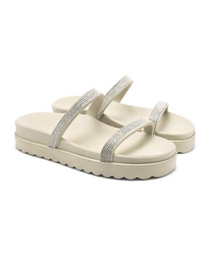 Papete Feminina Com Strass Flatform Sandália Rasteira Brilho Off white