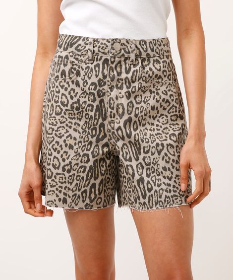 bermuda de sarja mom animal print cintura super alta colorido
