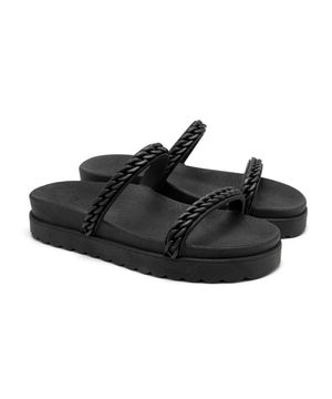 Papete Feminina Flatform Sandália Rasteira Corrente Conforto Preto