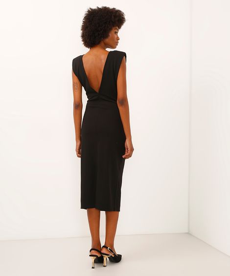 vestido midi com drapeado manga curta preto