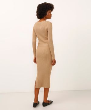 vestido midi de tricot com faixa e fenda bege