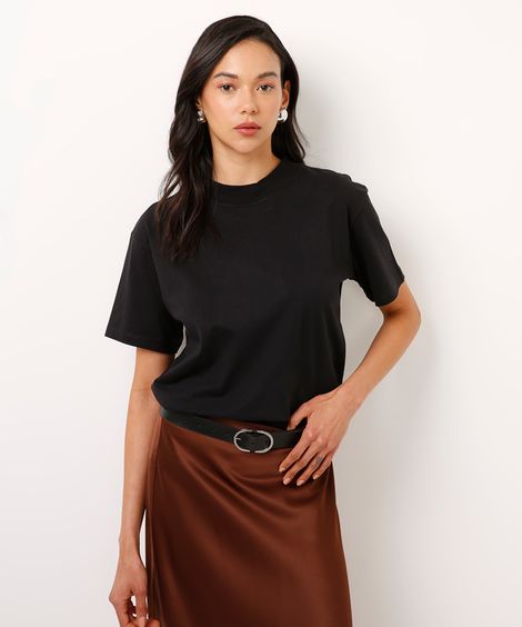 camiseta de algodão básica manga curta gola alta - preto