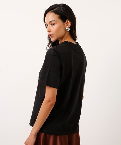 camiseta de algodão básica manga curta gola alta - preto
