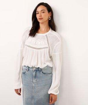 blusa texturizada com tricot manga longa off white