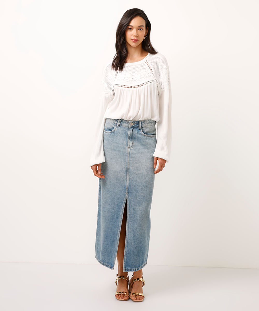 bata com crochê manga longa off white