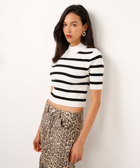 blusa de tricot listrada canelada manga curta off white