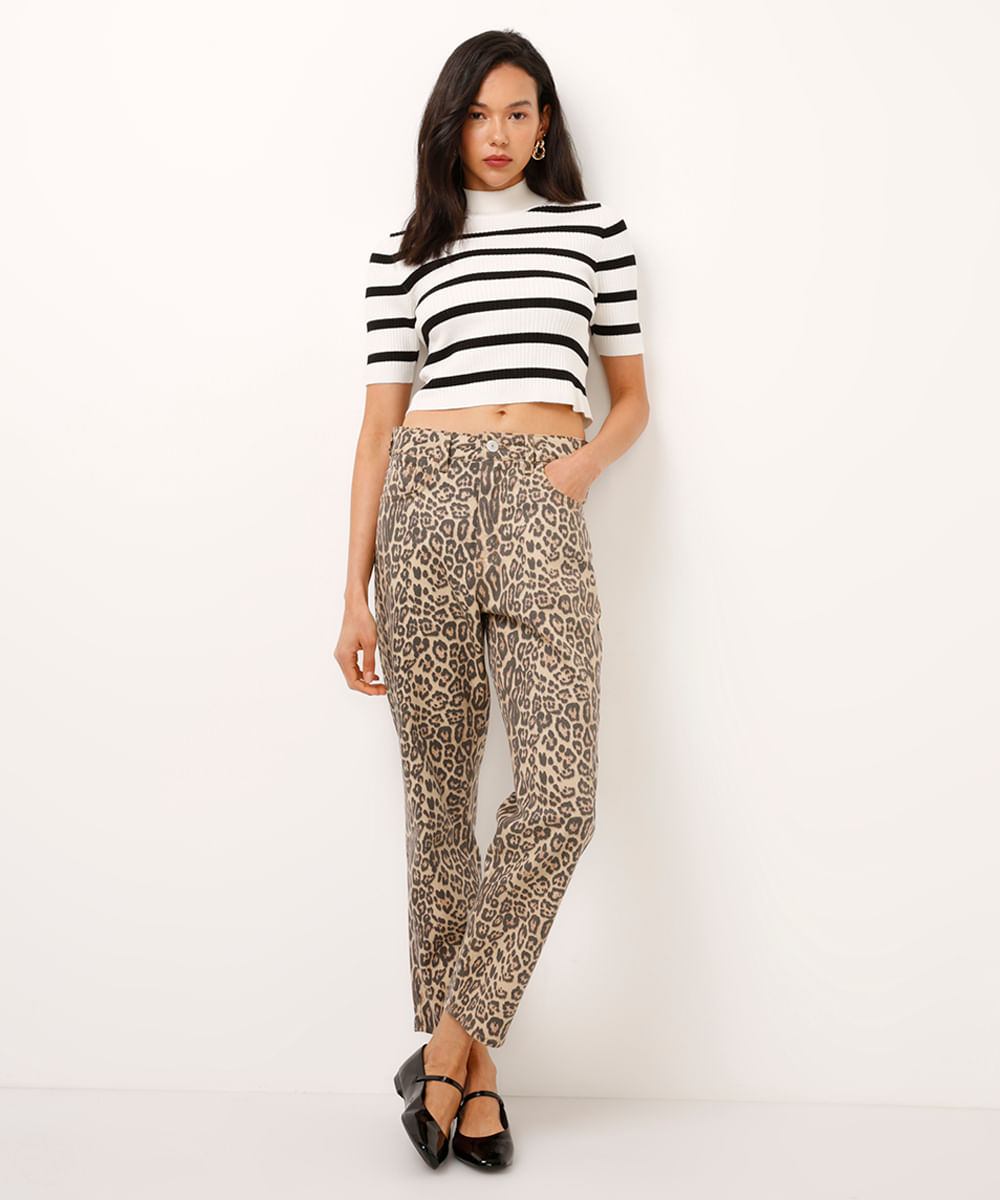 blusa de tricot listrada canelada manga curta off white