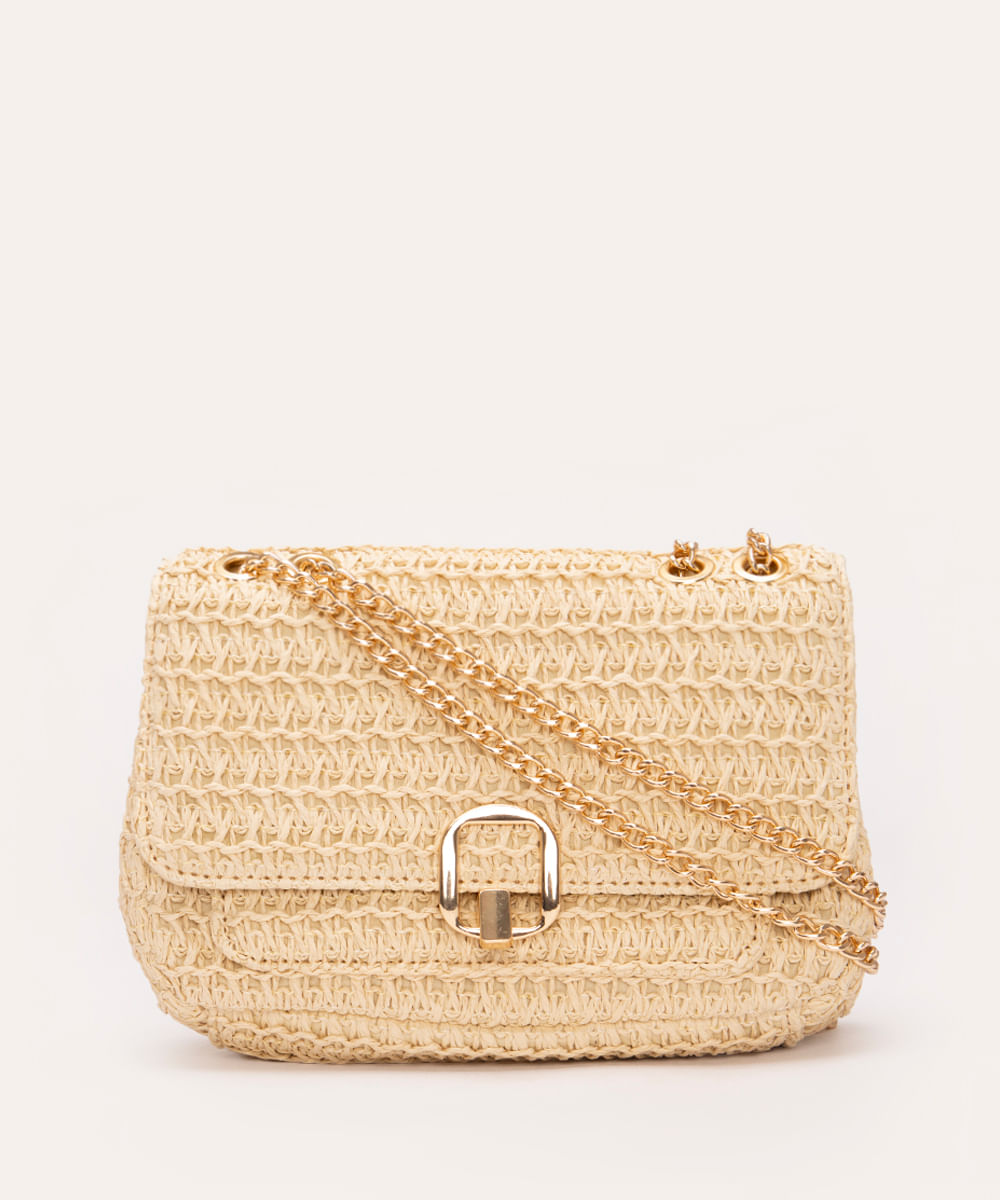 bolsa shoulder de palha alça corrente bege claro