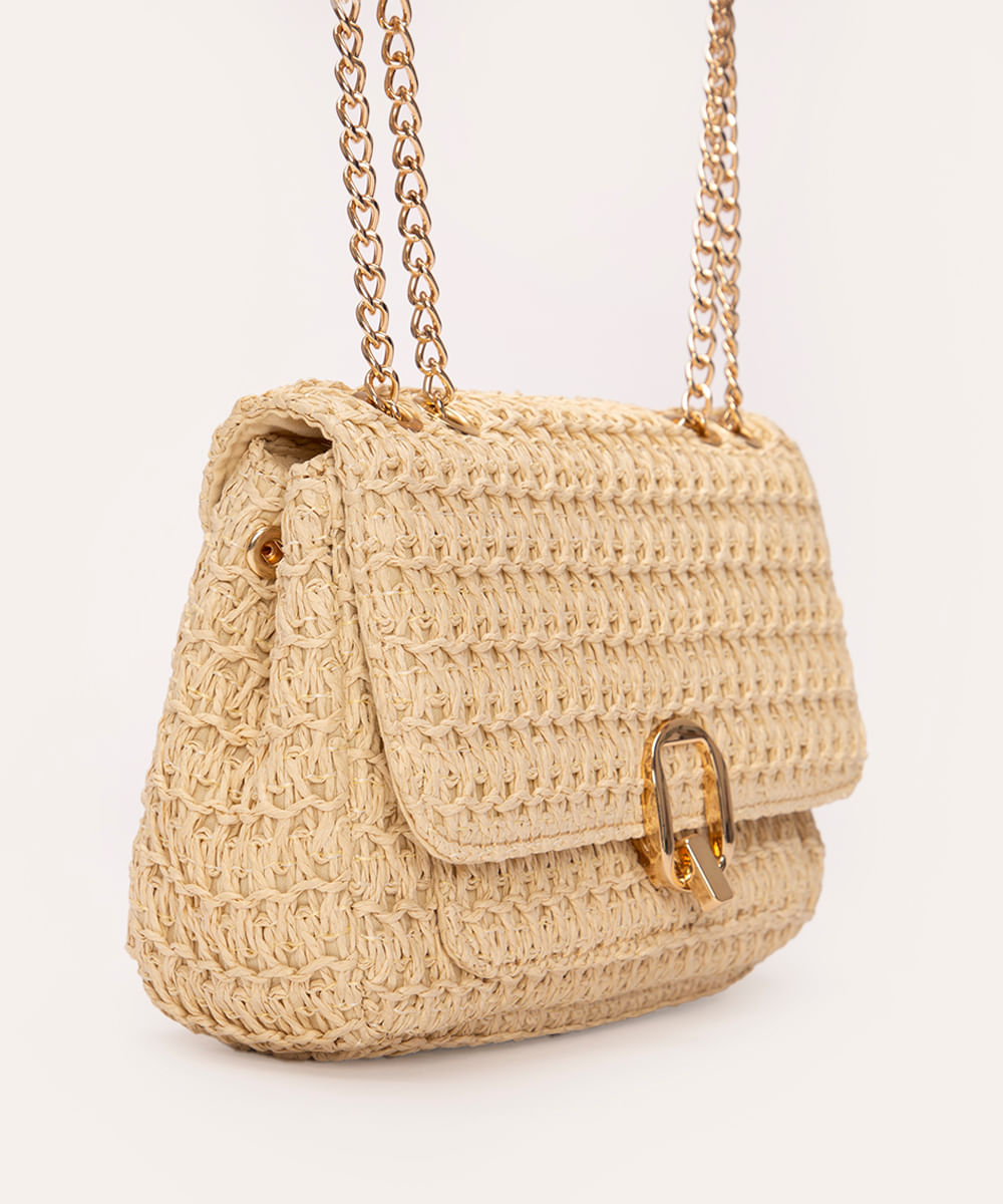 bolsa shoulder de palha alça corrente bege claro