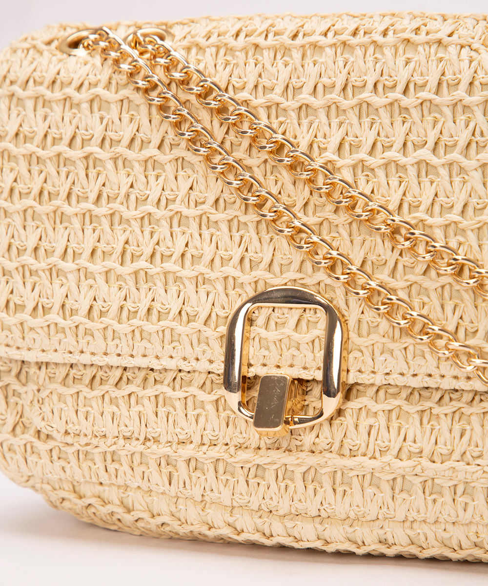 bolsa shoulder de palha alça corrente bege claro