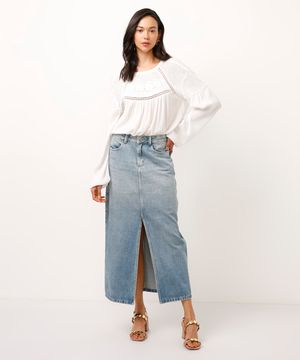 saia jeans midi cintura super alta com fenda jeans médio