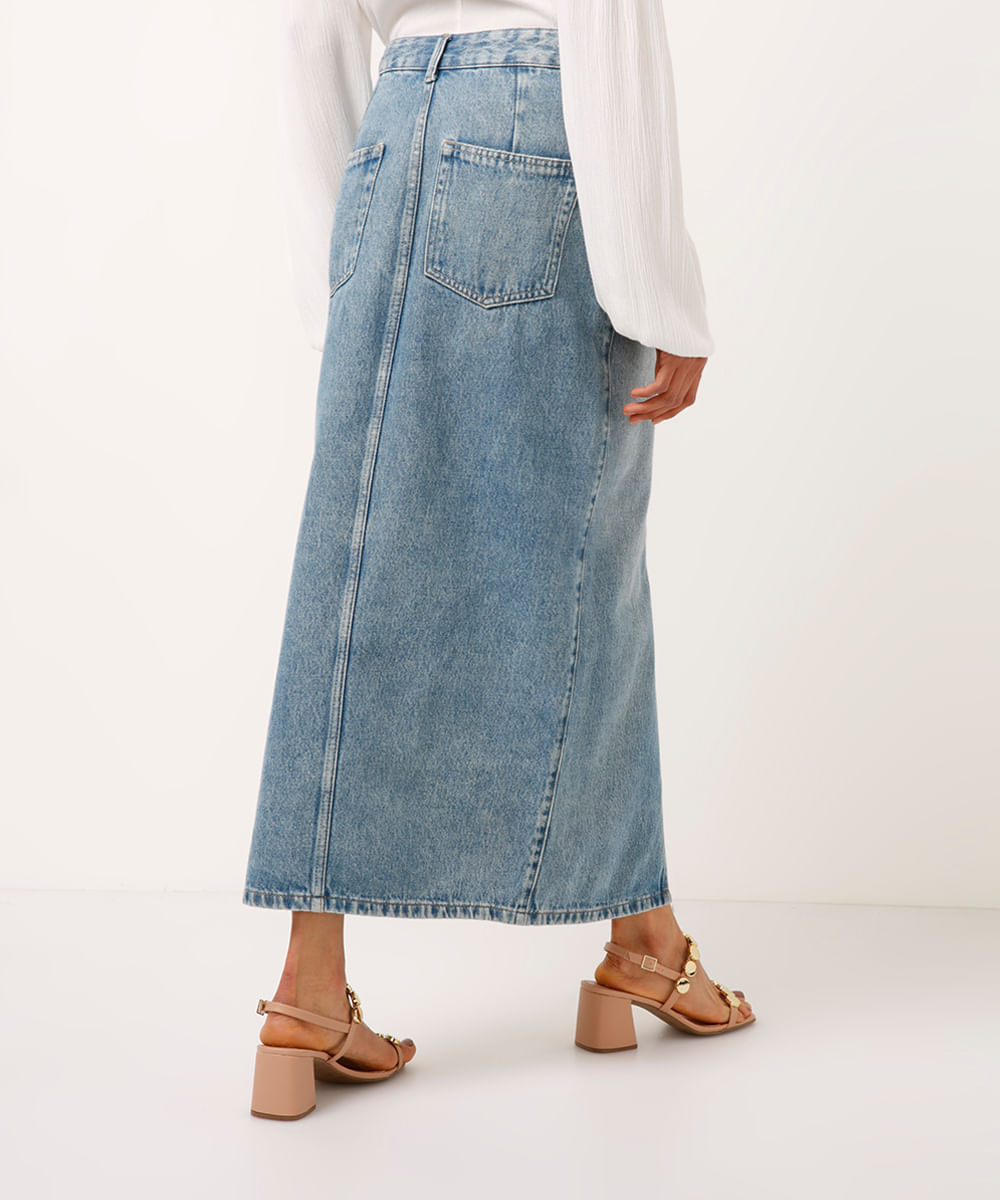 saia jeans midi cintura super alta com fenda jeans médio