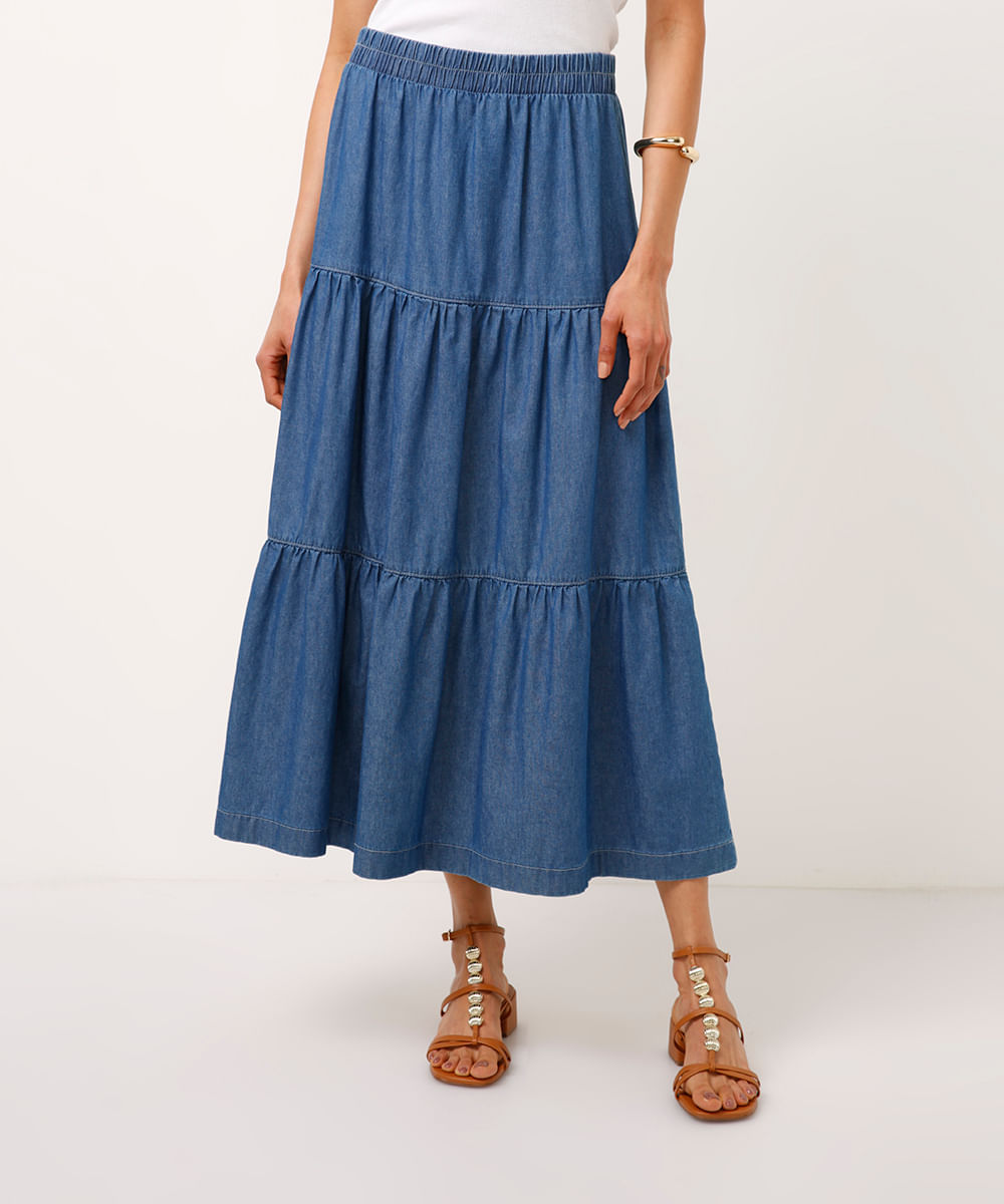 saia jeans midi cintura super alta cós elástico azul escuro