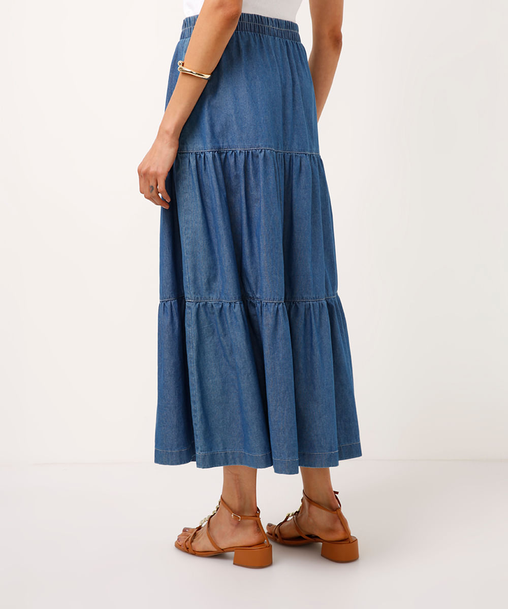 saia jeans midi cintura super alta cós elástico azul escuro