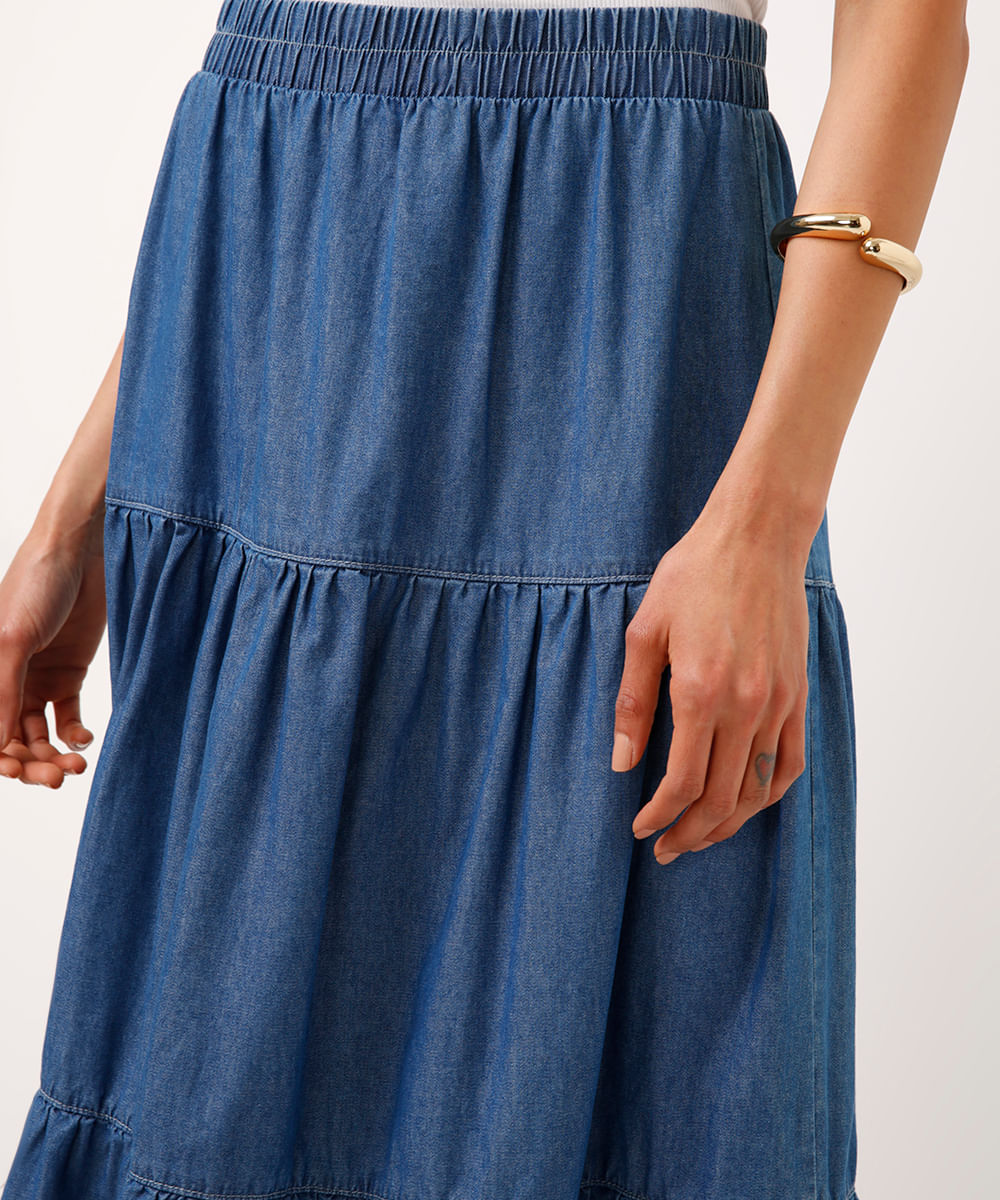 saia jeans midi cintura super alta cós elástico azul escuro