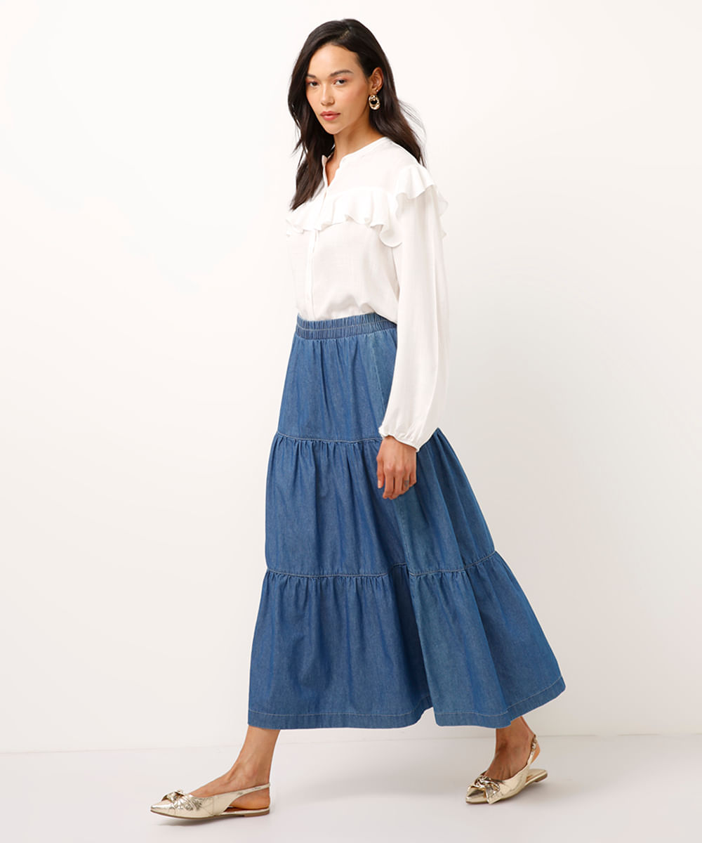 saia jeans midi cintura super alta cós elástico azul escuro