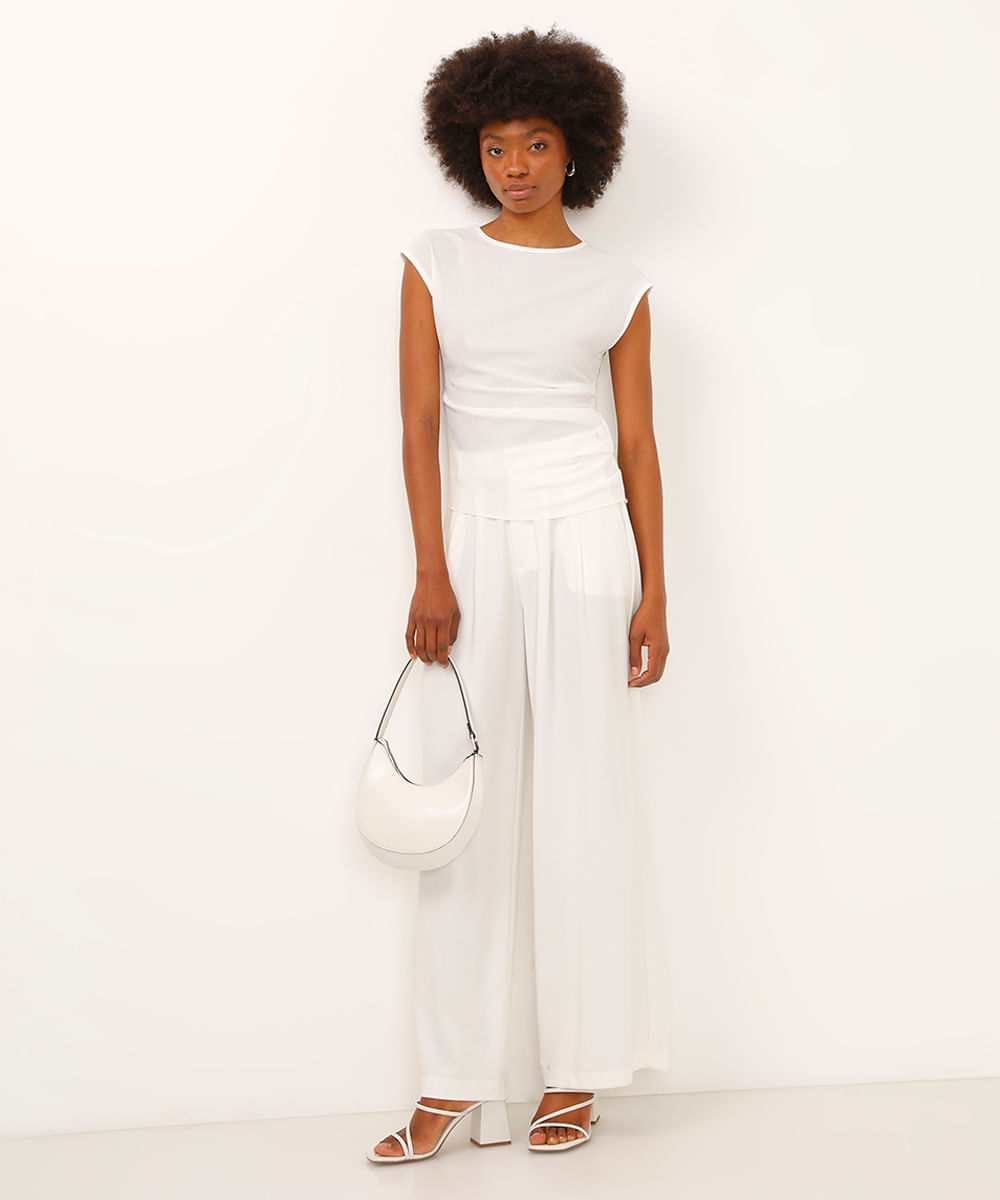 blusa alongada texturizada com franzido off white