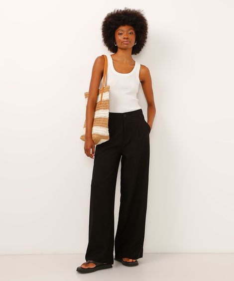 calça wide leg de viscose cintura alta preta