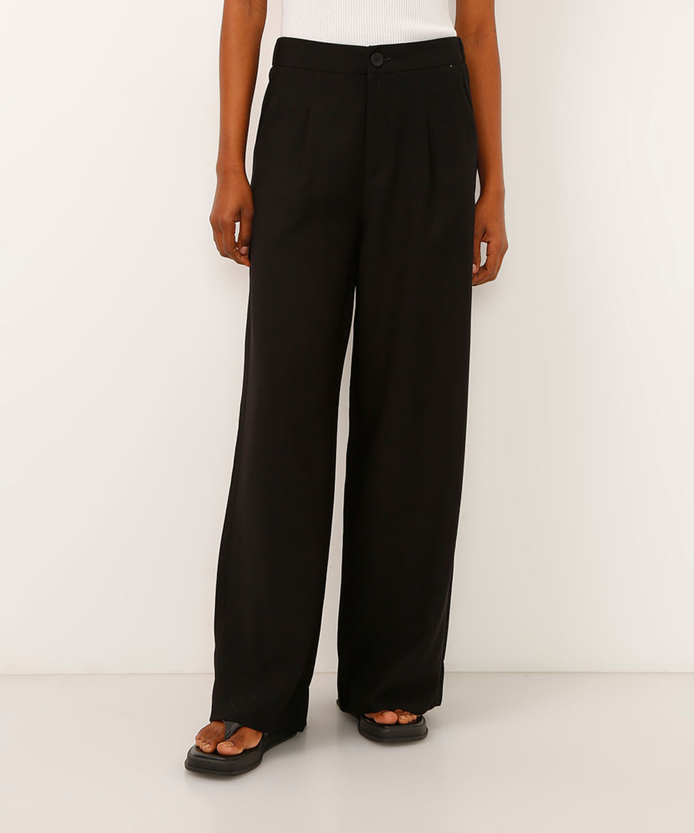 calça wide leg de viscose cintura alta preta