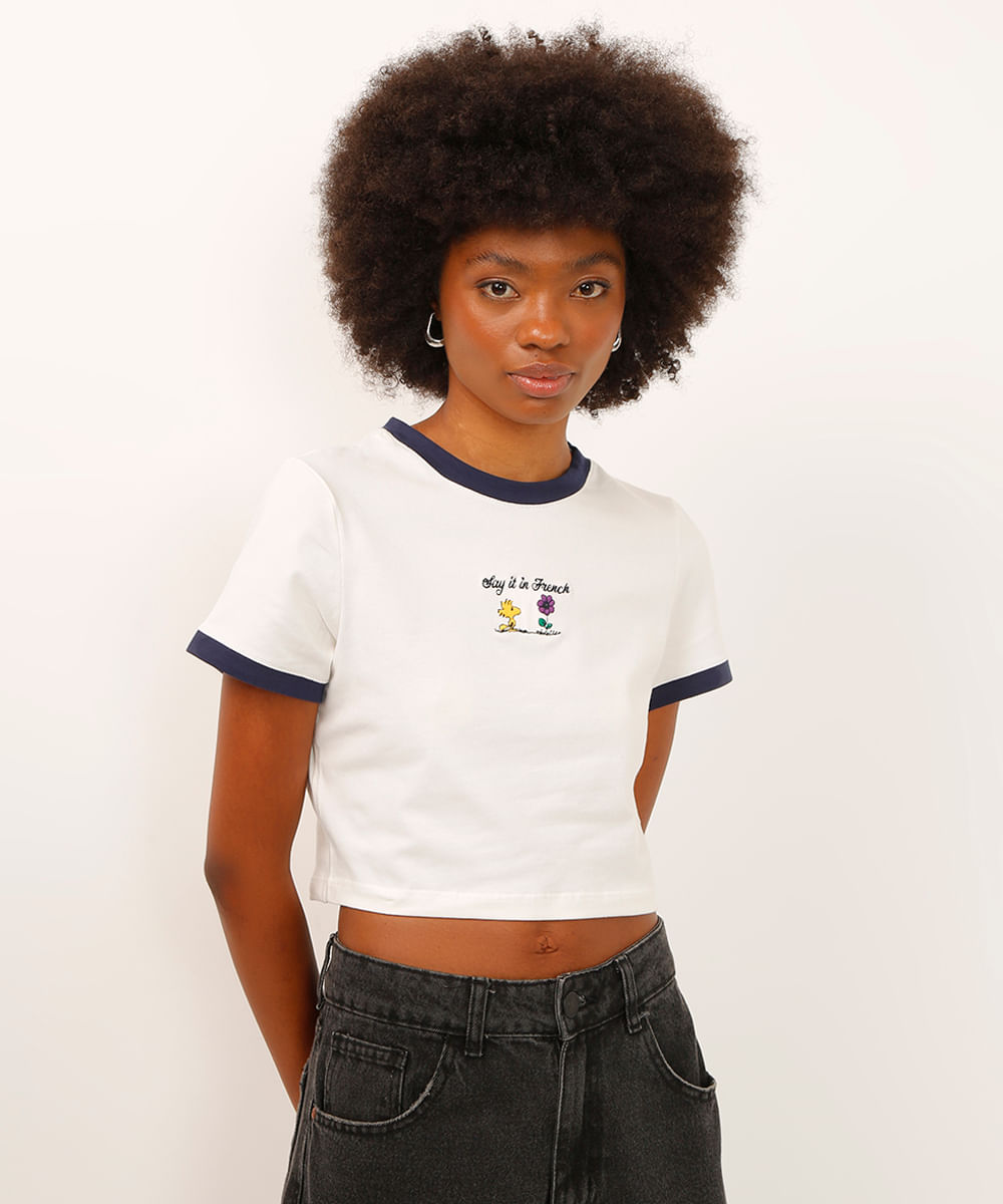 camiseta baby look de algodão woodstock off white