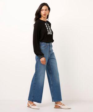 calça jeans wide leg cropped cintura super alta azul