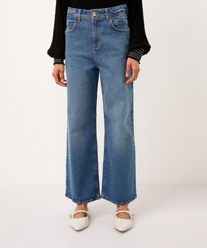 calça jeans wide leg cropped cintura super alta azul