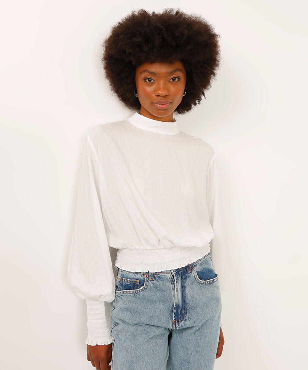 blusa de viscose com lastex texturizada off white