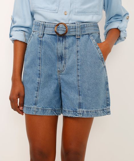 short jeans cintura super alta com cinto azul