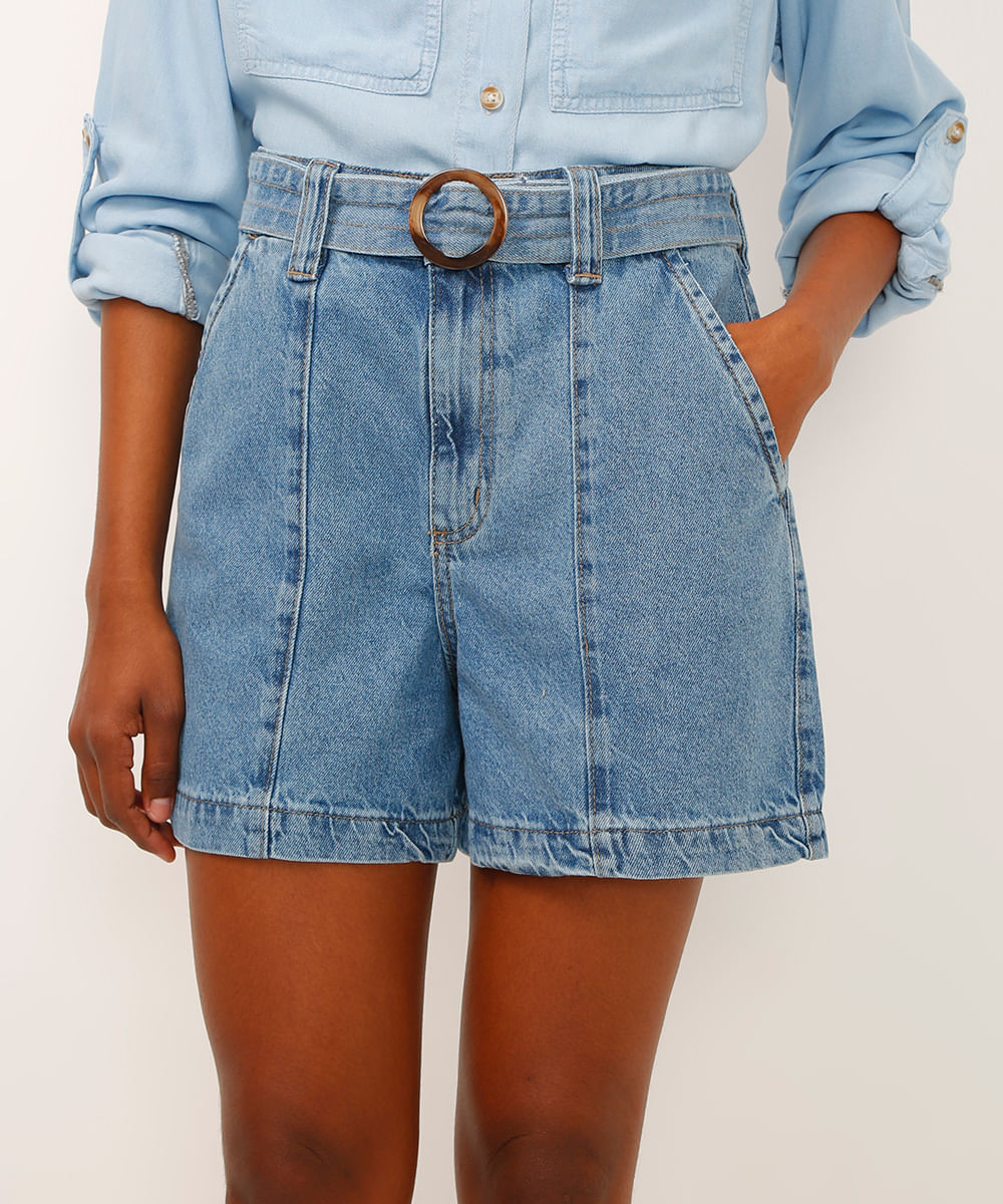 short jeans cintura super alta com cinto azul