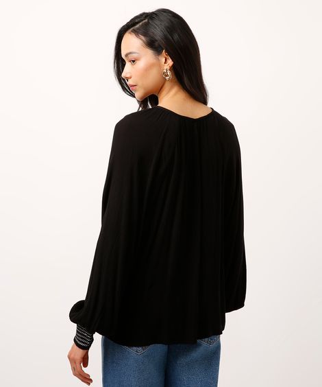 blusa bata manga bufante com bordados preta