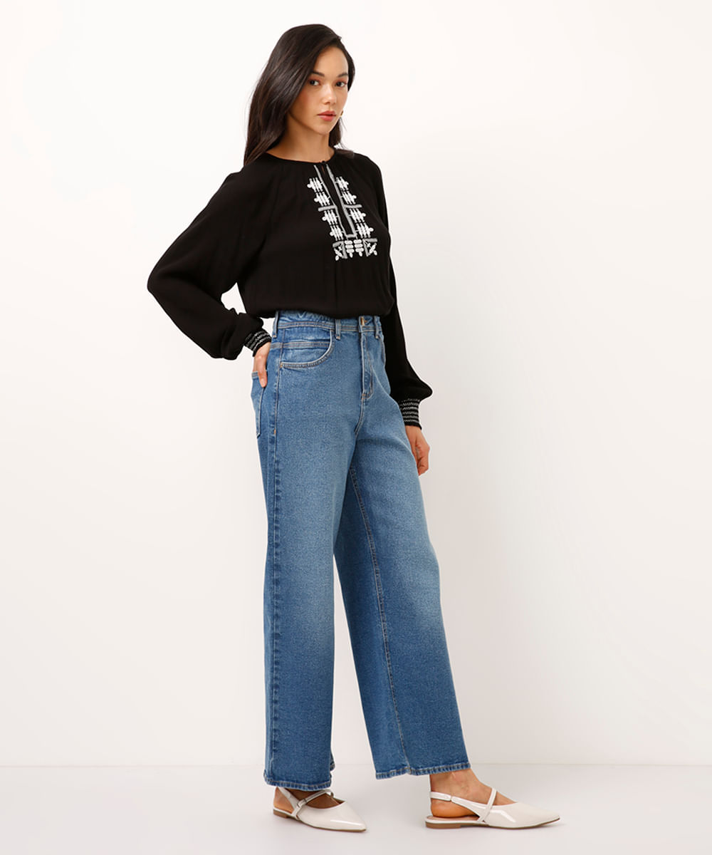 blusa bata manga bufante com bordados preta