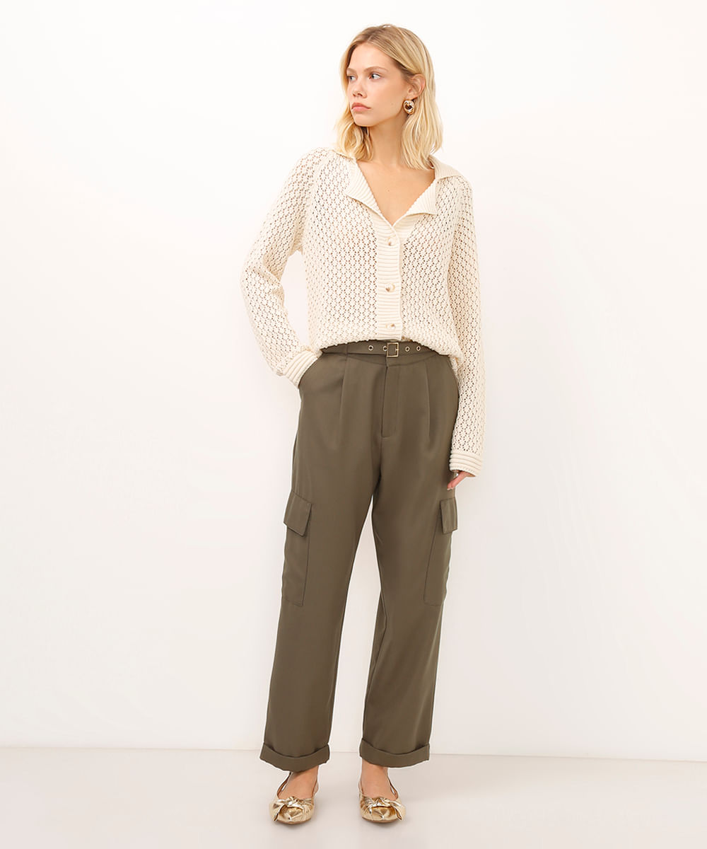 calça cargo viscose cintura alta com cinto verde