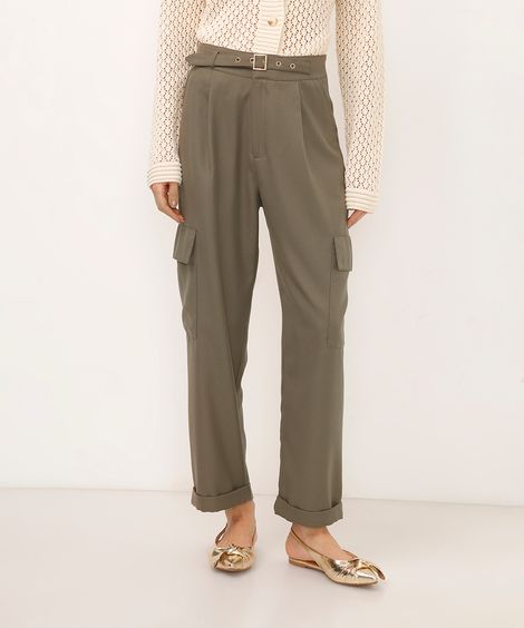 calça cargo viscose cintura alta com cinto verde