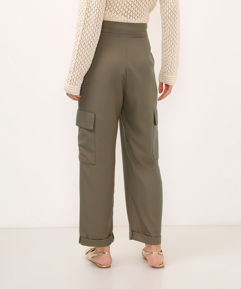 calça cargo viscose cintura alta com cinto verde
