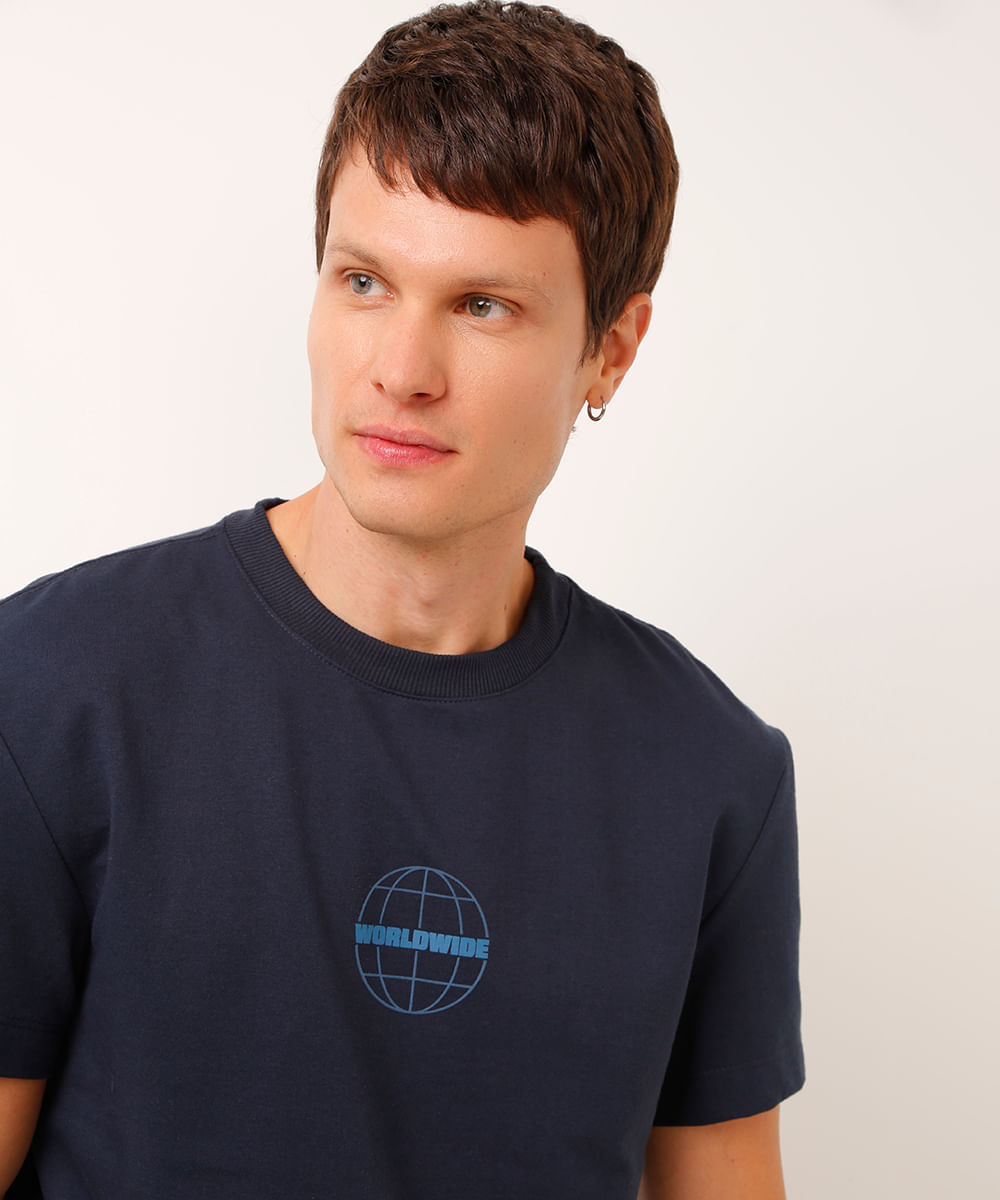 camiseta de algodão manga curta worldwide azul