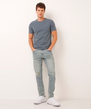calça slim jeans destroyed azul