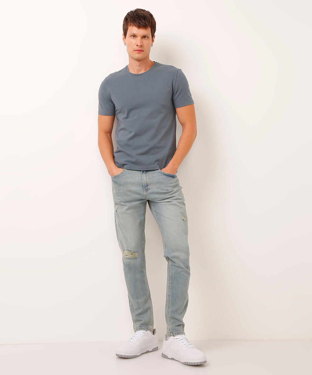 calça slim jeans destroyed azul